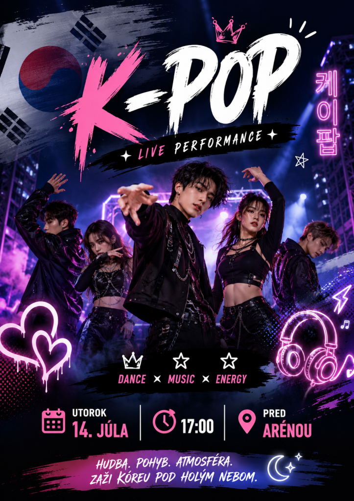K-POP / Kórejské tanečno-hudobné vystúpenie 🎶🔥 Zaži jedinečný večer plný energie, tanca a hudby inšpirovanej kórejskou kultúrou 🇰🇷✨ Čakajú ťa dynamické choreografie, spev, dramatické prvky a silná atmosféra, ktorá ťa vtiahne do deja od prvej minúty. Vystúpenie prináša kombináciu moderného K-pop štýlu, tanečného divadla a vizuálneho príbehu, ktorý osloví najmä mladých, ktorí milujú anime, K-pop a ázijskú kultúru 🎧⚡ 📅 Kedy: utorok 14. júla 🕔 Čas: 17:00 📍 Miesto: pred Arénou Príď si užiť večer plný hudby, pohybu a silnej atmosféry pod holým nebom 🌙✨